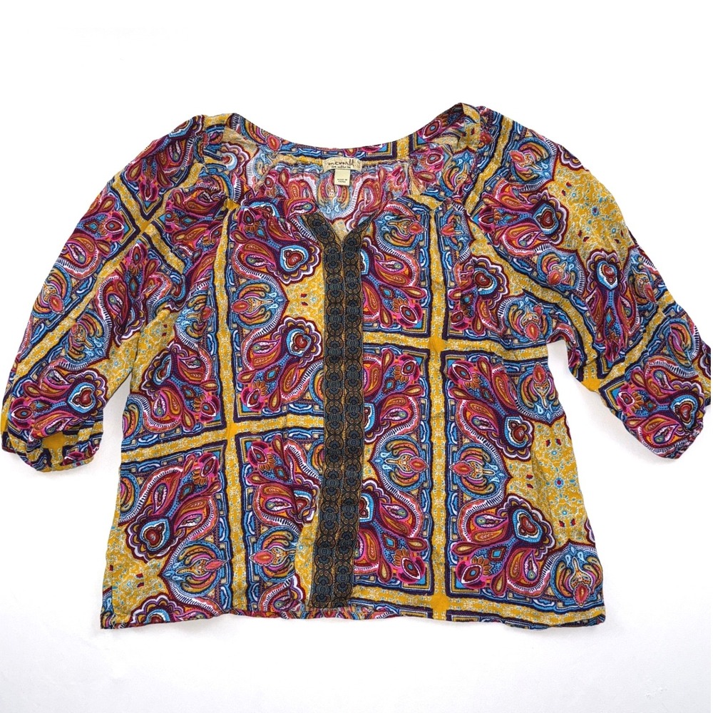 One World Paisley Print Peasant Blouse‎ Colorful Accents Top Large
